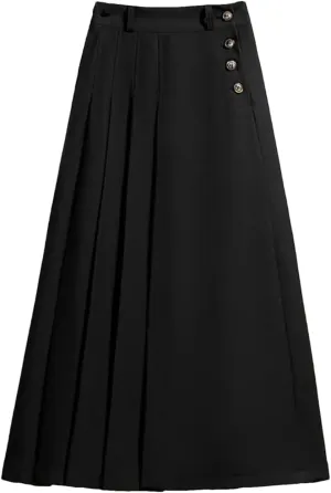 Hndudnff Slim High Waist A-Line Skirts Women Solid Color Pleated Long Skirt Elastic Waist Skirt