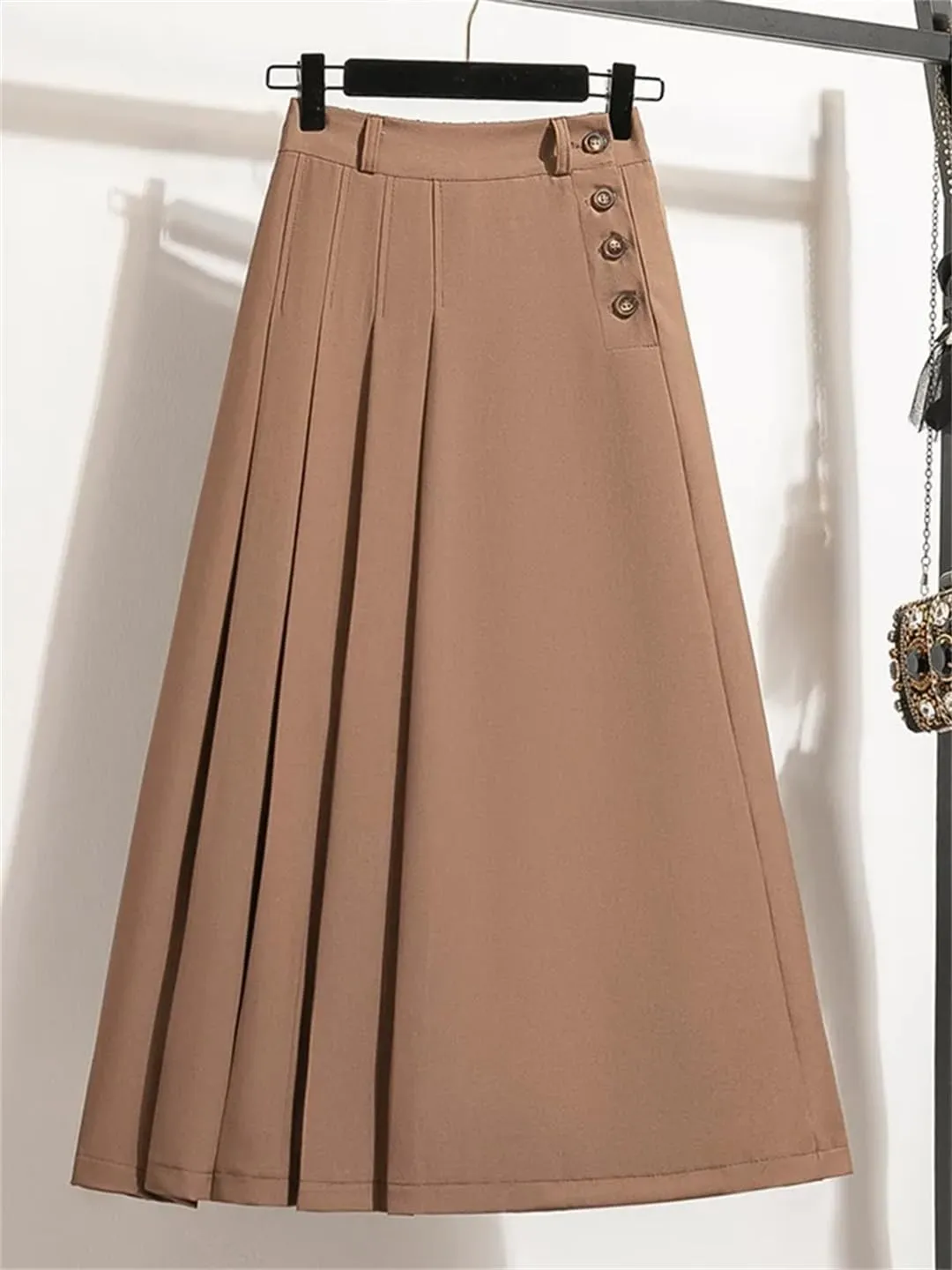 Hndudnff Slim High Waist A-Line Skirts Women Solid Color Pleated Long Skirt Elastic Waist Skirt