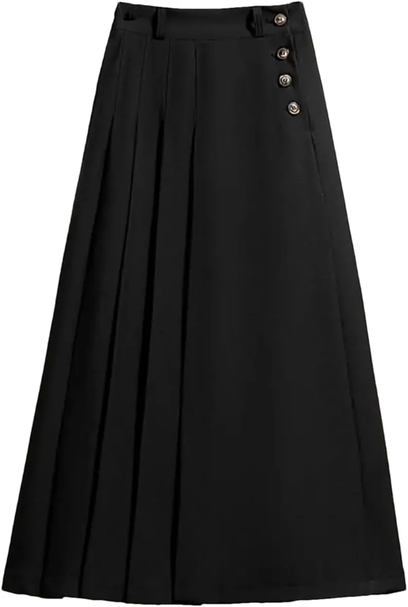 Hndudnff Slim High Waist A-Line Skirts Women Solid Color Pleated Long Skirt Elastic Waist Skirt