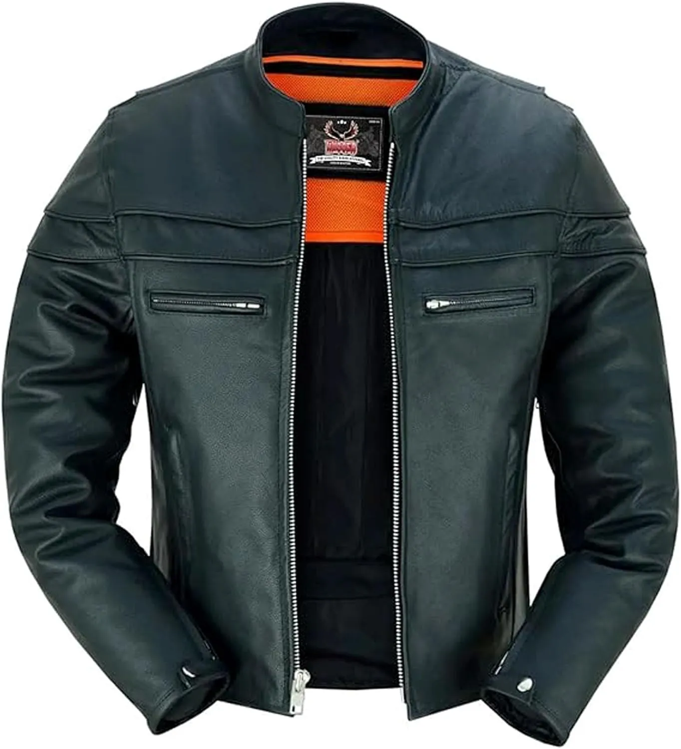 Hugger Mens Motorcycle Leather Jacket With stand collar Biker Caf jacket with Concealment Armory Pockets