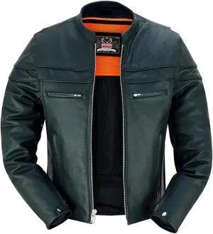 Hugger Mens Motorcycle Leather Jacket With stand collar Biker Caf jacket with Concealment Armory Pockets