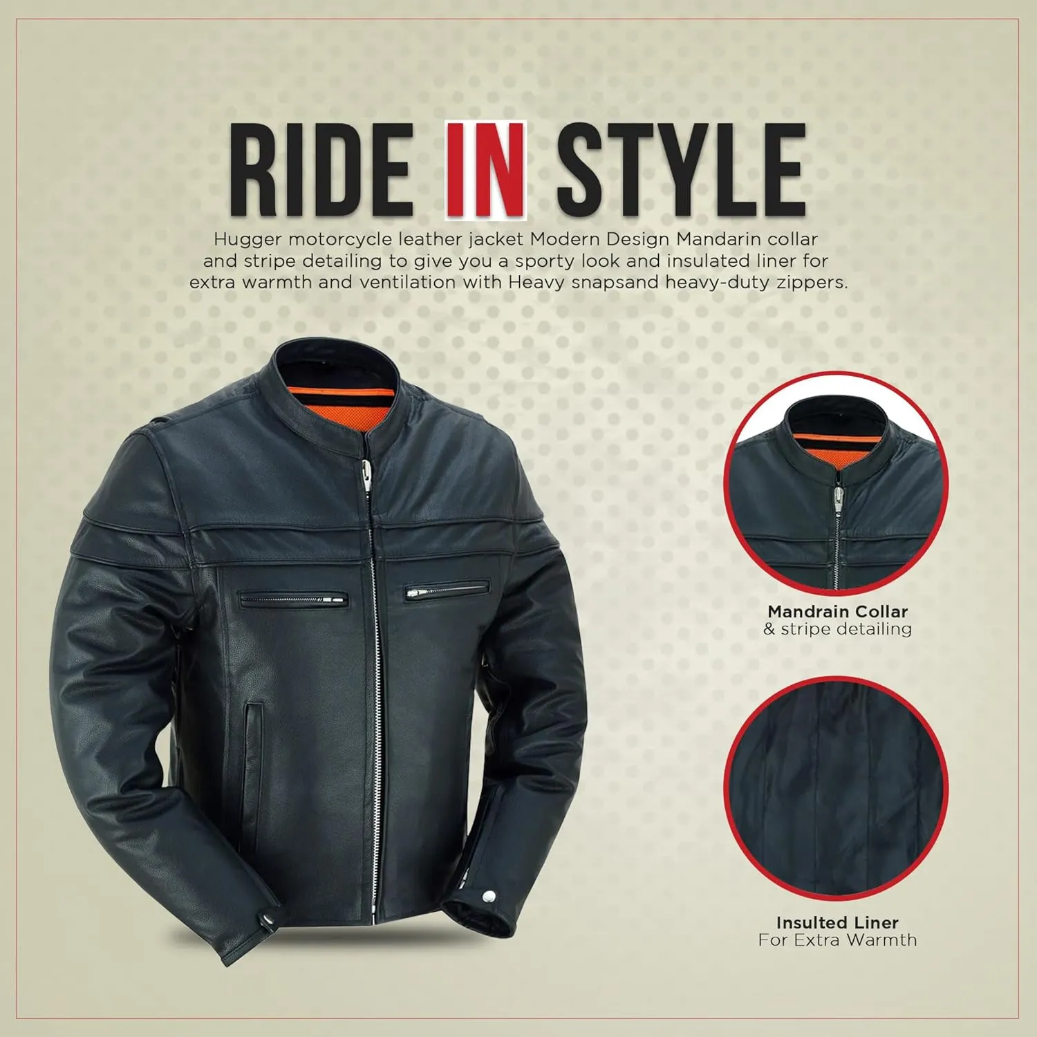 Hugger Mens Motorcycle Leather Jacket With stand collar Biker Caf jacket with Concealment Armory Pockets