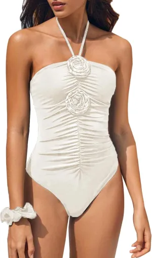 HYTENSUN Women's Ruched One Piece Swimsuit 3D Flower Halter Tie Back Floral Swimwear Bathing Suit Monokini