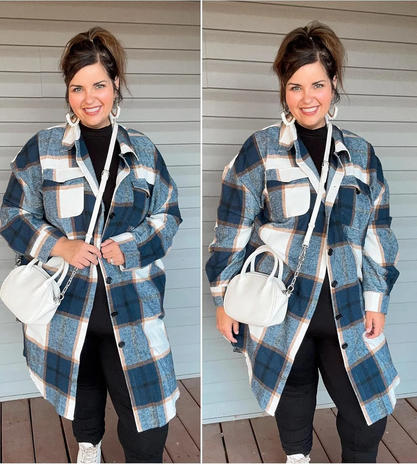 IN'VOLAND Womens Plus Size Flannel Plaid Shirts Long Sleeve Lounge Lapel Boyfriend Button Down Tartan Long Jacket Coats