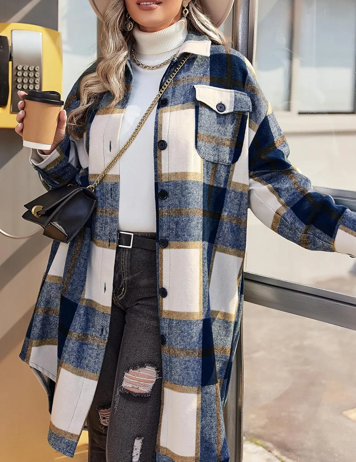 IN'VOLAND Womens Plus Size Flannel Plaid Shirts Long Sleeve Lounge Lapel Boyfriend Button Down Tartan Long Jacket Coats