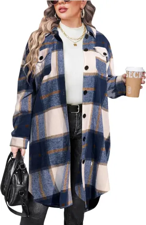 IN'VOLAND Womens Plus Size Flannel Plaid Shirts Long Sleeve Lounge Lapel Boyfriend Button Down Tartan Long Jacket Coats