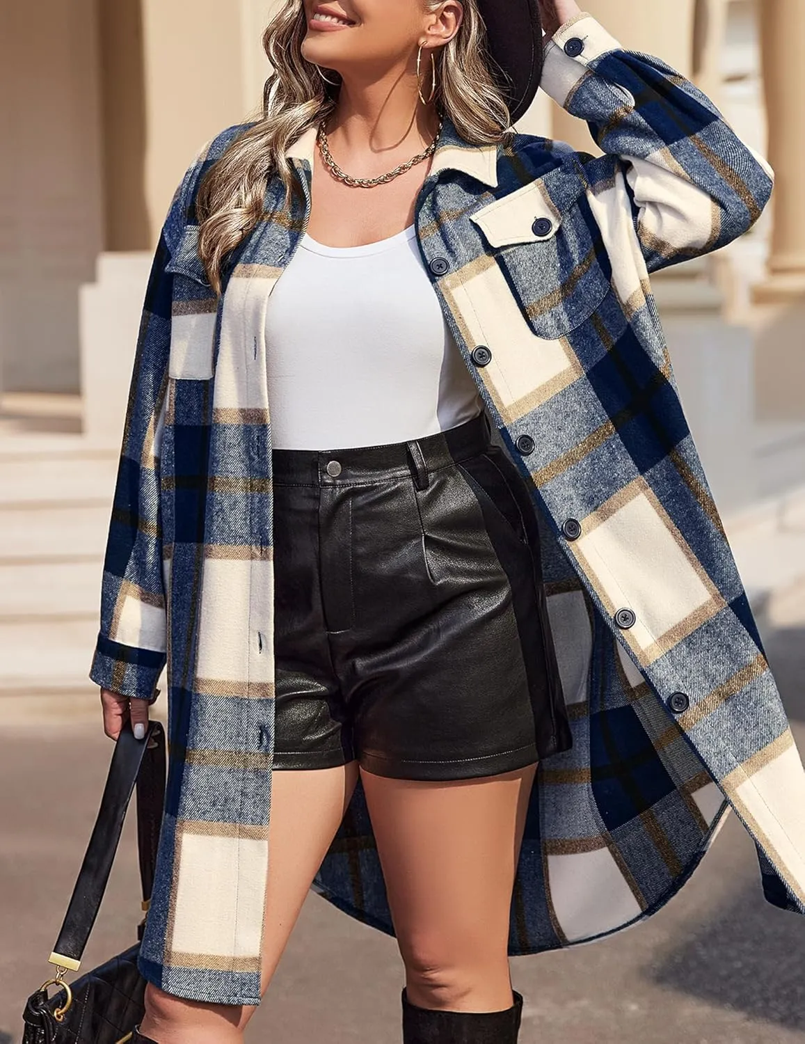 IN'VOLAND Womens Plus Size Flannel Plaid Shirts Long Sleeve Lounge Lapel Boyfriend Button Down Tartan Long Jacket Coats