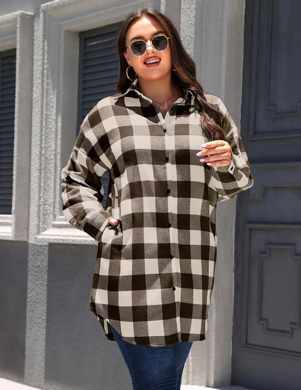 IN'VOLAND Womens Plus Size Plaid Flannel Shirt Long Sleeve Button Down Blouses Tops Shacket Jackets Coats with Pockets
