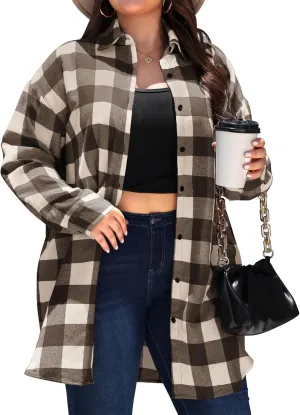 IN'VOLAND Womens Plus Size Plaid Flannel Shirt Long Sleeve Button Down Blouses Tops Shacket Jackets Coats with Pockets