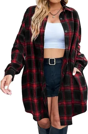 IN'VOLAND Womens Plus Size Plaid Flannel Shirt Long Sleeve Button Down Blouses Tops Shacket Jackets Coats with Pockets