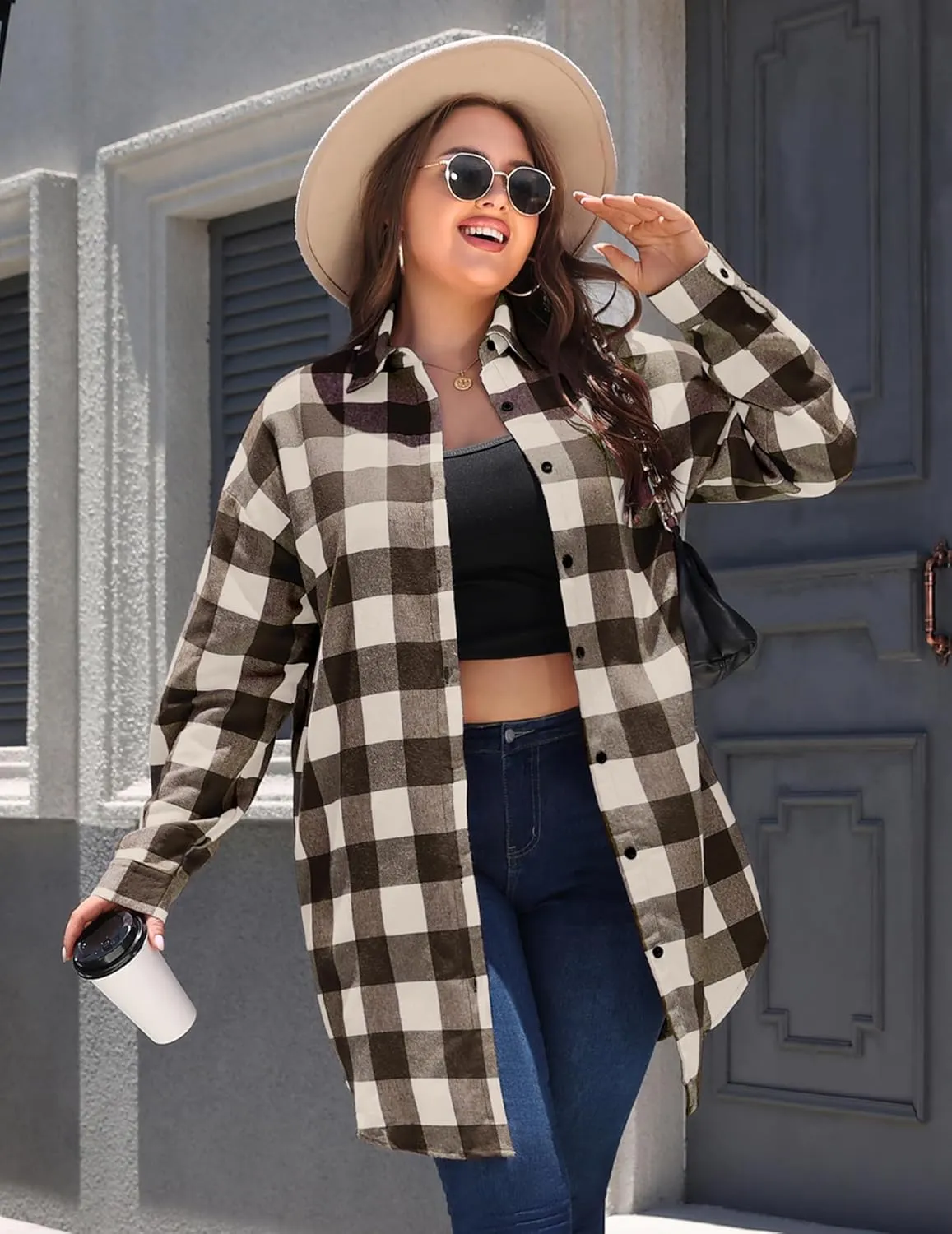 IN'VOLAND Womens Plus Size Plaid Flannel Shirt Long Sleeve Button Down Blouses Tops Shacket Jackets Coats with Pockets