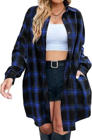 IN'VOLAND Womens Plus Size Plaid Flannel Shirt Long Sleeve Button Down Blouses Tops Shacket Jackets Coats with Pockets