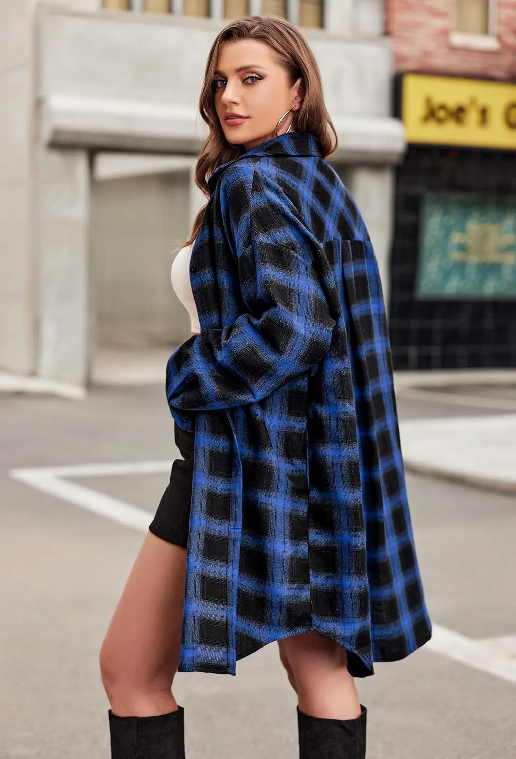 IN'VOLAND Womens Plus Size Plaid Flannel Shirt Long Sleeve Button Down Blouses Tops Shacket Jackets Coats with Pockets