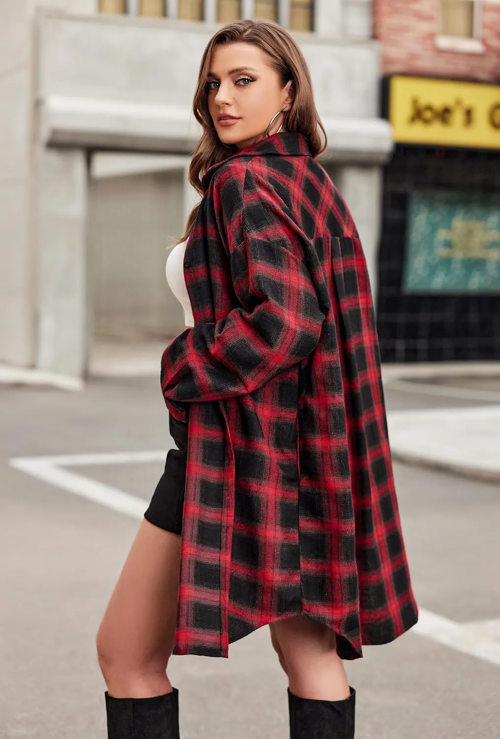 IN'VOLAND Womens Plus Size Plaid Flannel Shirt Long Sleeve Button Down Blouses Tops Shacket Jackets Coats with Pockets