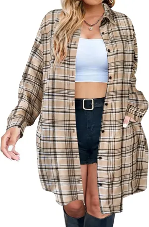 IN'VOLAND Womens Plus Size Plaid Flannel Shirt Long Sleeve Button Down Blouses Tops Shacket Jackets Coats with Pockets
