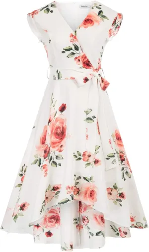 JASAMBAC Women's Floral High Low Dress for Wedding Guest Flowy Bohemian Empire Waist Swing Dress with Belt