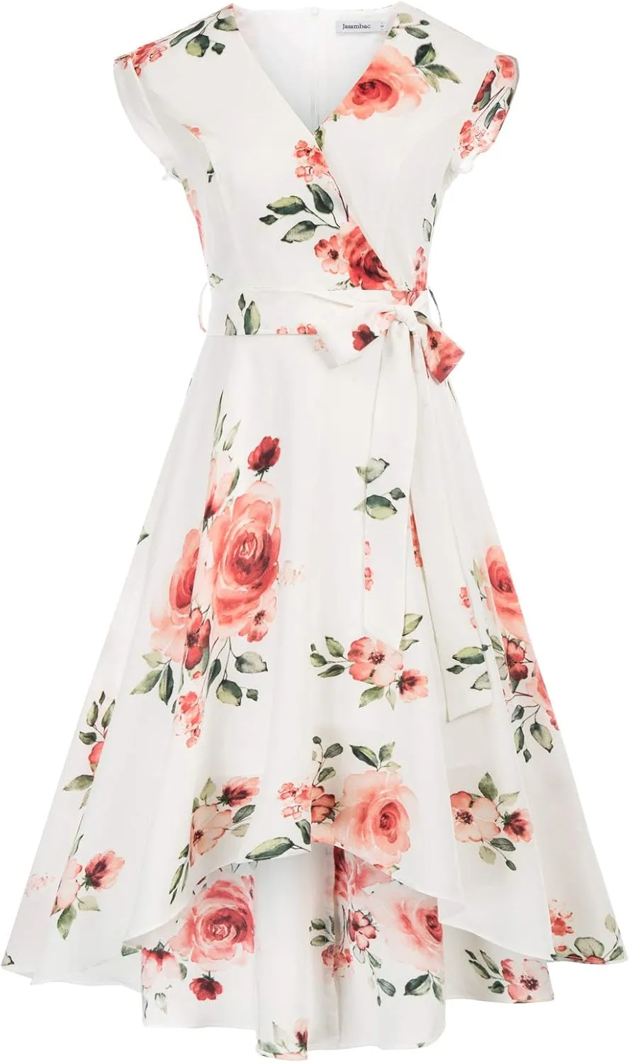 JASAMBAC Women's Floral High Low Dress for Wedding Guest Flowy Bohemian Empire Waist Swing Dress with Belt