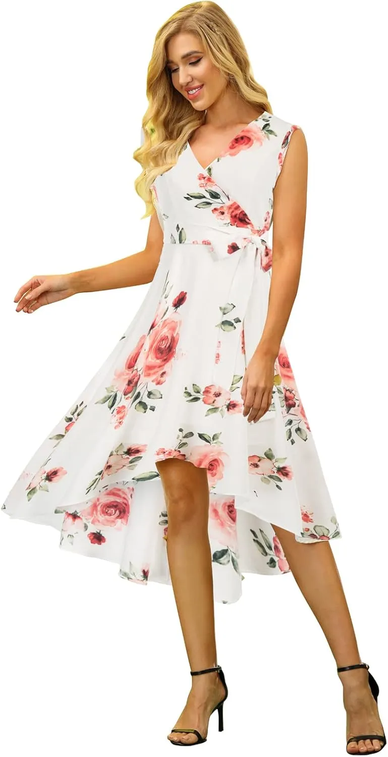 JASAMBAC Women's Floral High Low Dress for Wedding Guest Flowy Bohemian Empire Waist Swing Dress with Belt