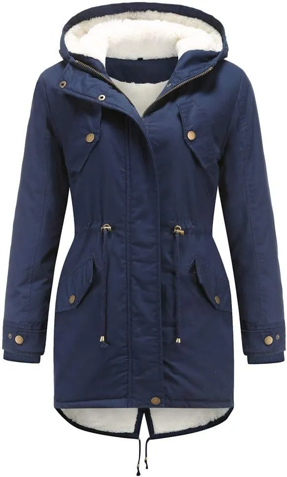 Jiabing Women's Thick Cotton Padded Jackets Winter Hooded Windbreak Warm Long Sleeve Coat Fleece Liner Slim Fit Parkas