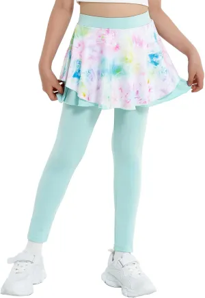 JiAmy 2 in 1 Girls Leggings with Skirt High Waisted Tennis Athletic Flowy Skort Legging for Kids