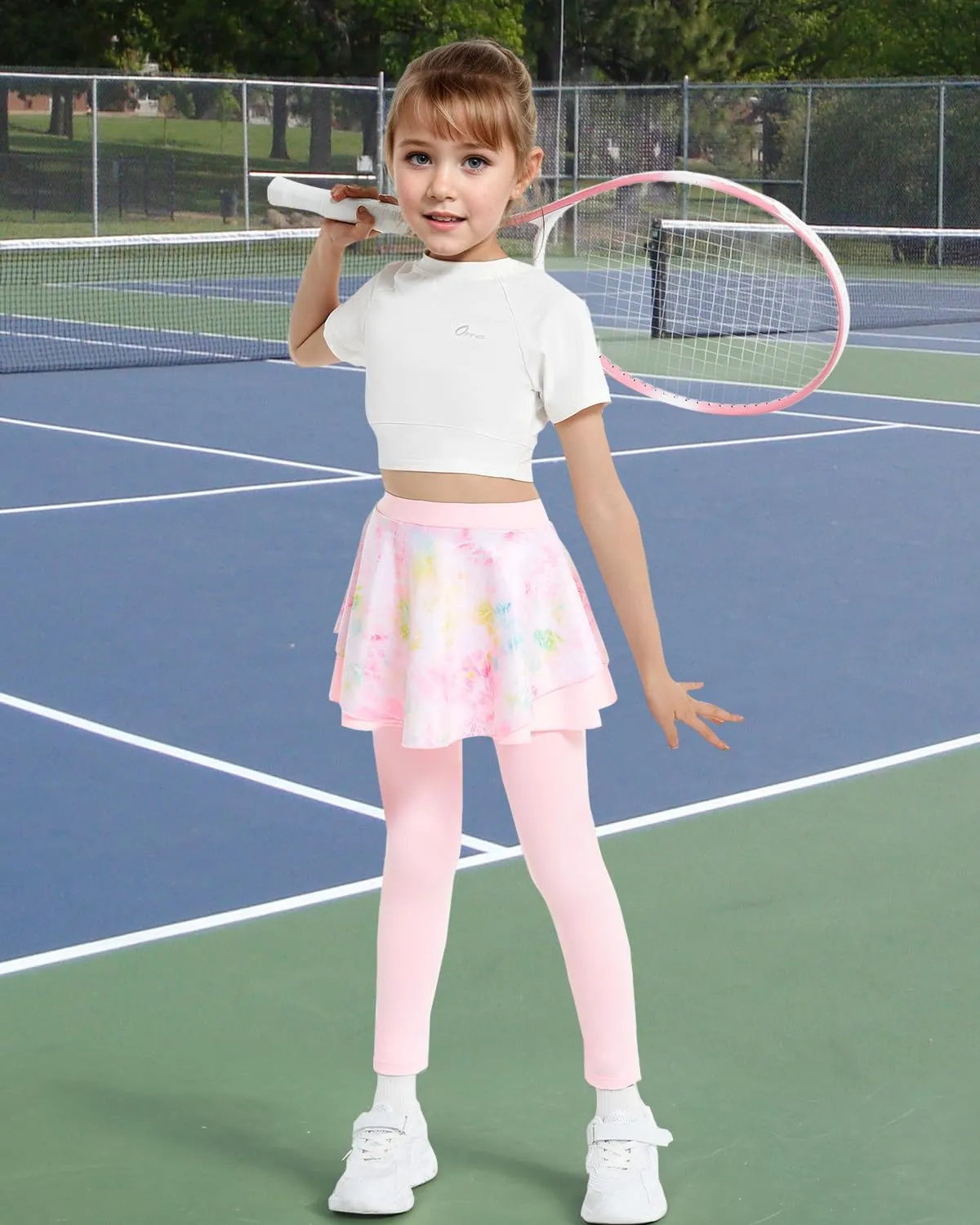 JiAmy 2 in 1 Girls Leggings with Skirt High Waisted Tennis Athletic Flowy Skort Legging for Kids