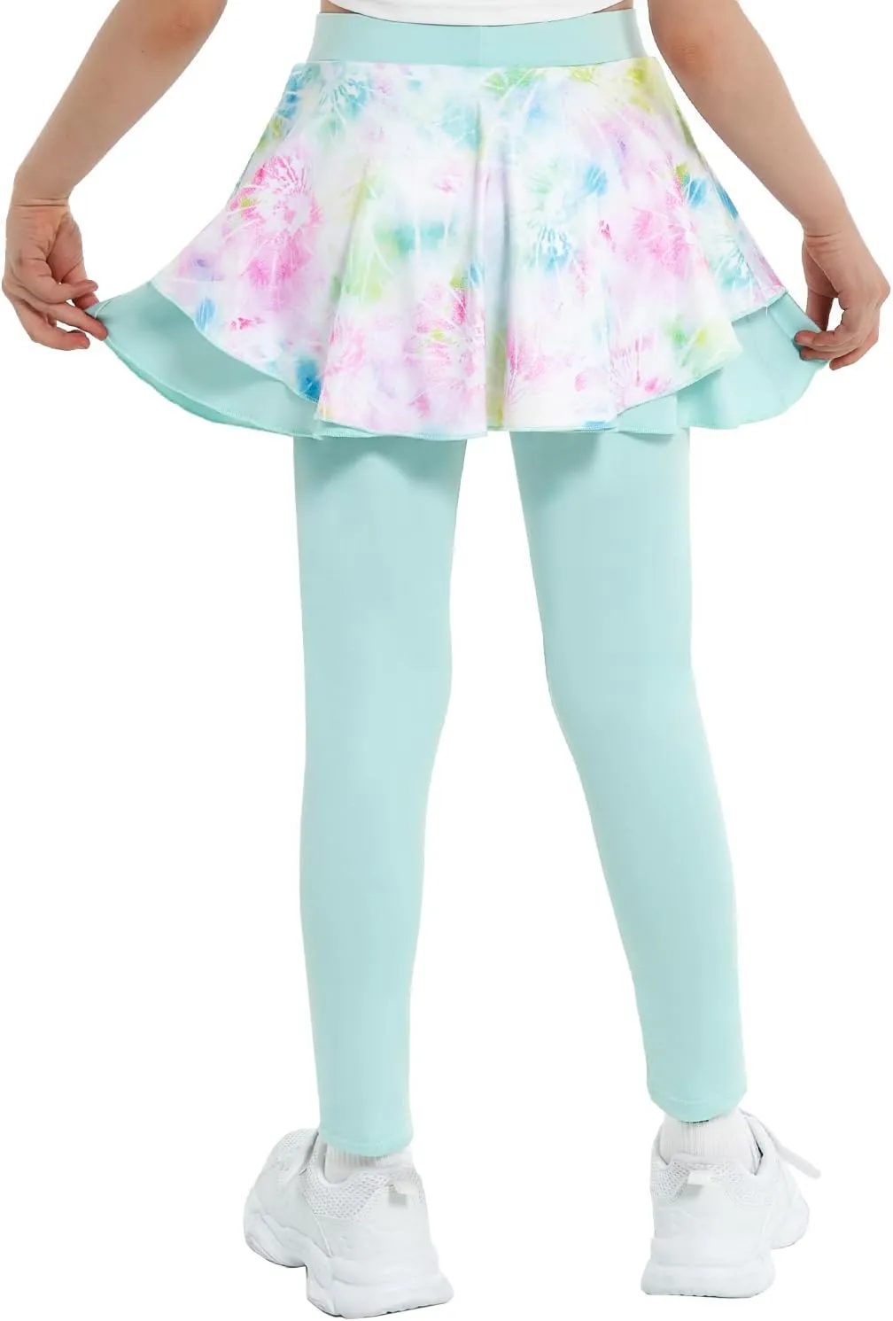 JiAmy 2 in 1 Girls Leggings with Skirt High Waisted Tennis Athletic Flowy Skort Legging for Kids