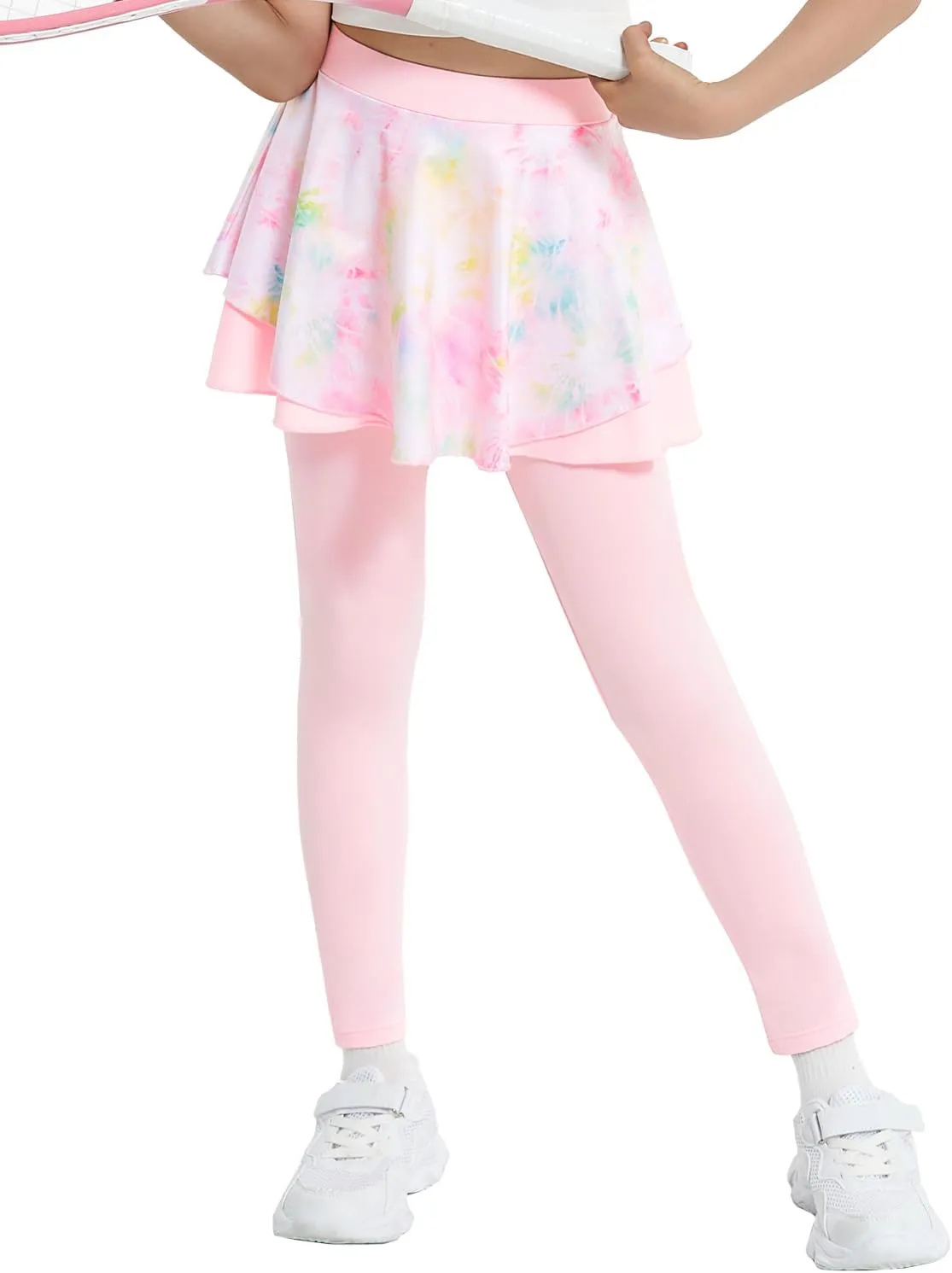 JiAmy 2 in 1 Girls Leggings with Skirt High Waisted Tennis Athletic Flowy Skort Legging for Kids