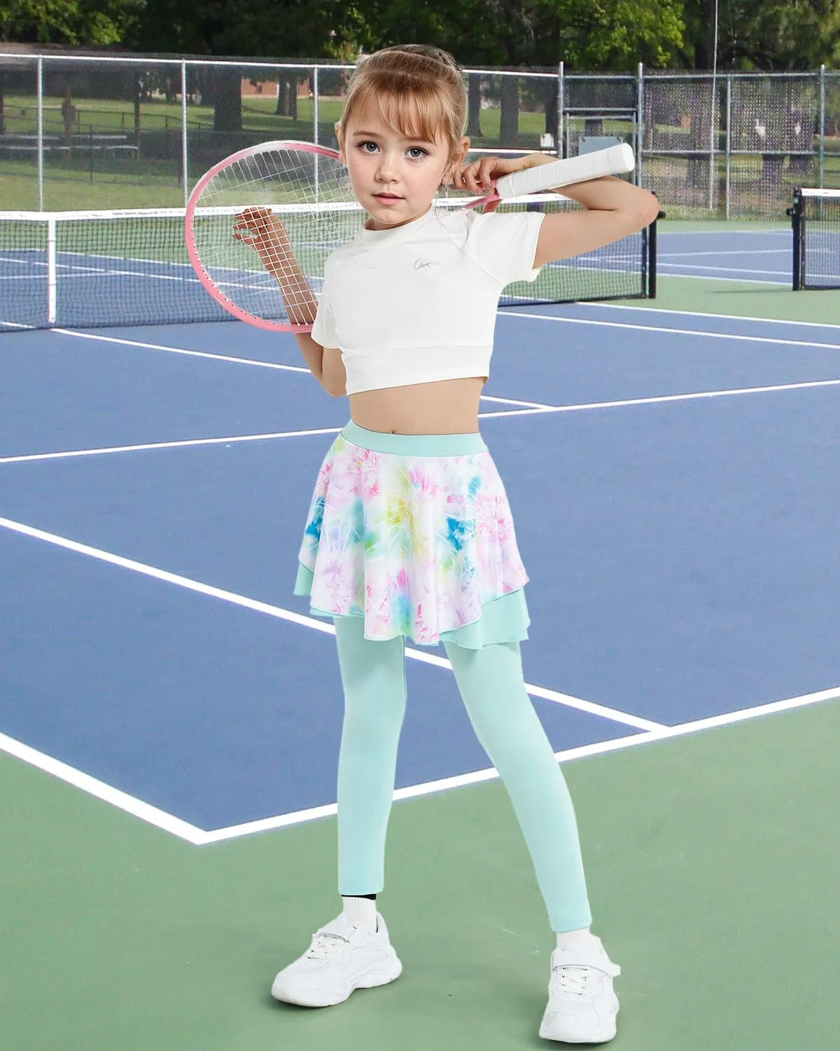 JiAmy 2 in 1 Girls Leggings with Skirt High Waisted Tennis Athletic Flowy Skort Legging for Kids