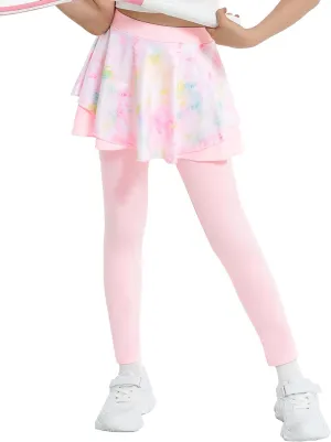 JiAmy 2 in 1 Girls Leggings with Skirt High Waisted Tennis Athletic Flowy Skort Legging for Kids
