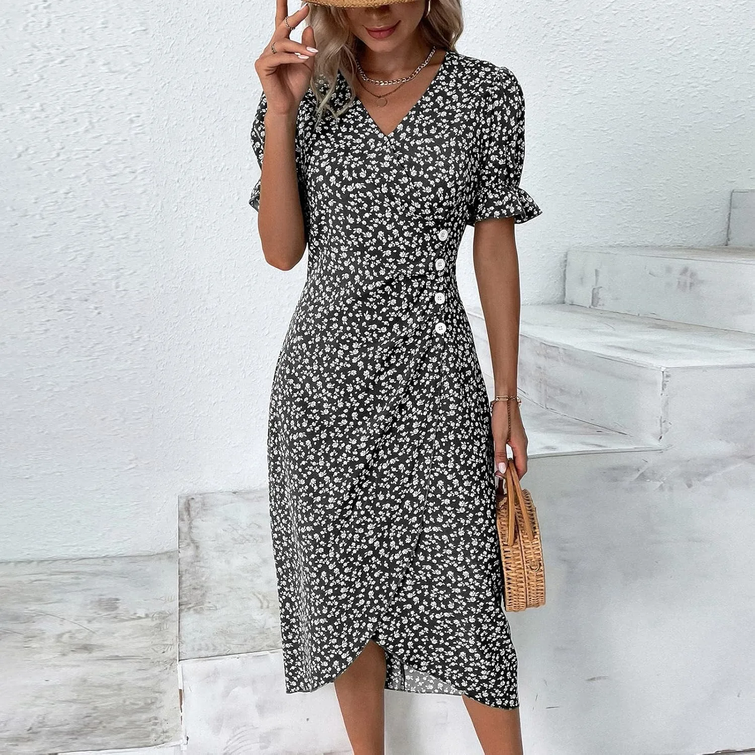 JJHAEVDY Dresses for Women 2024 Printed Short Sleeve Dress V Neck Ruffle Hem Dresses Summer Beach Dresses Elegant Midi Dress