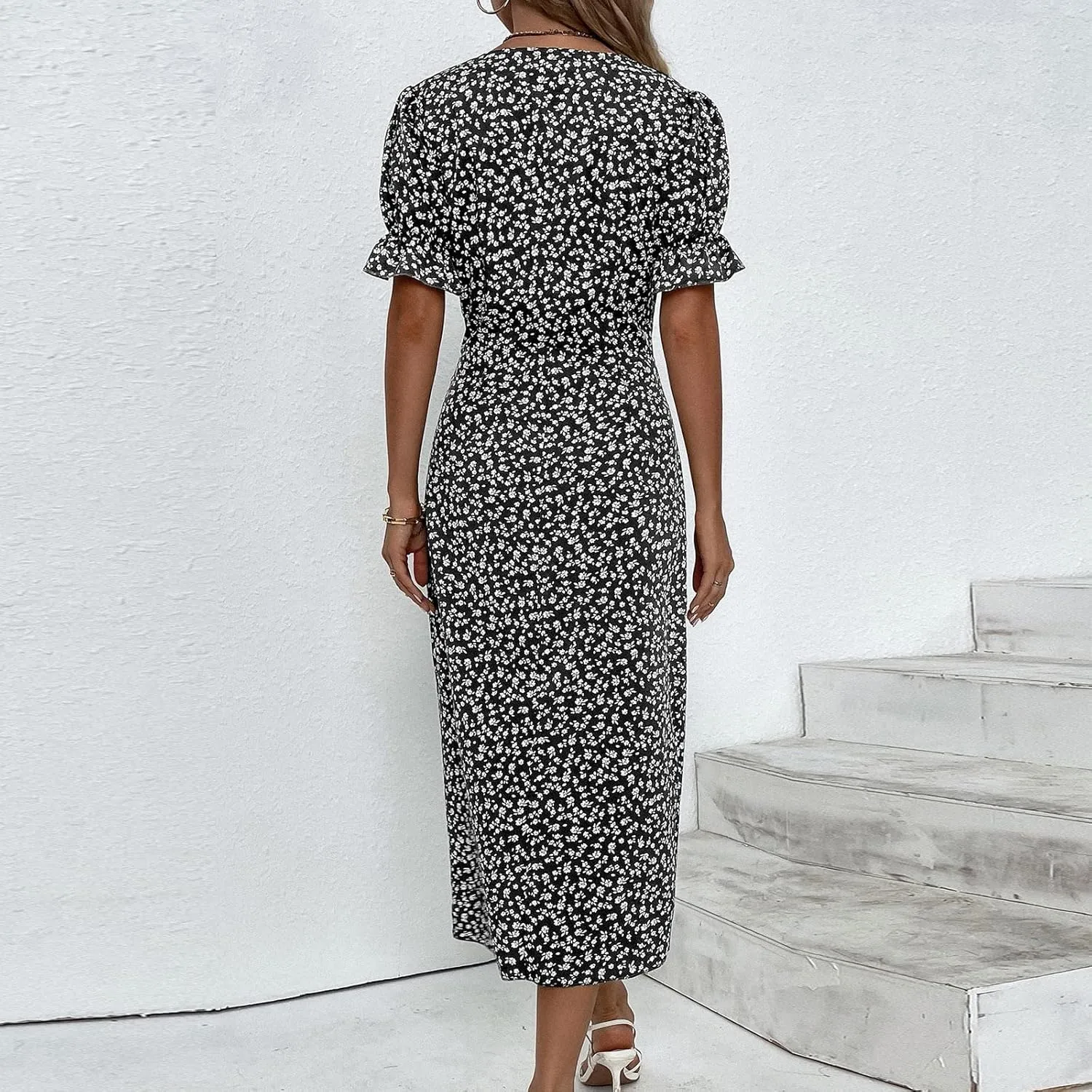 JJHAEVDY Dresses for Women 2024 Printed Short Sleeve Dress V Neck Ruffle Hem Dresses Summer Beach Dresses Elegant Midi Dress