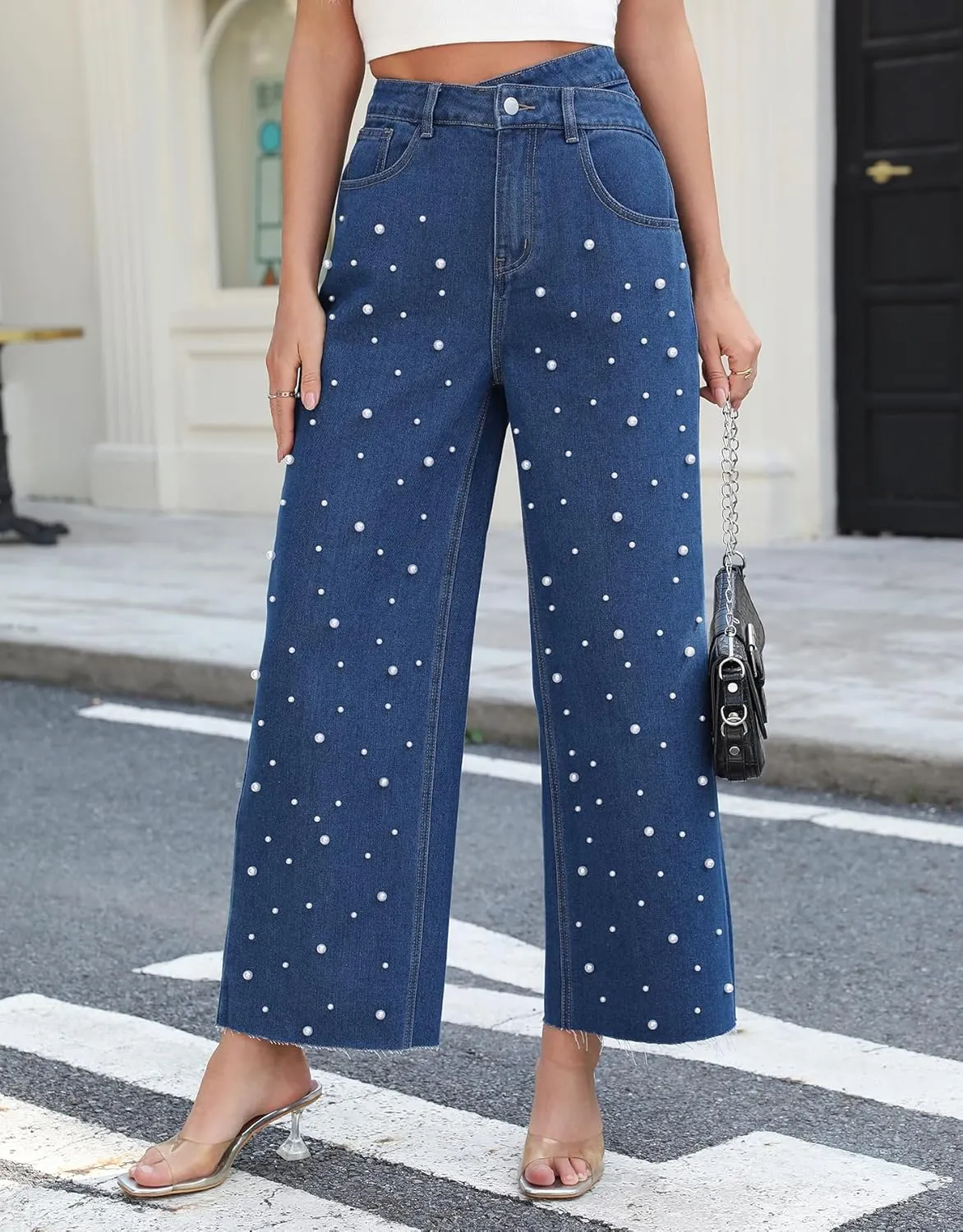 Kedera Womens High Waisted Pearl Jeans Casual Embellished Jeans Crossover Straight Leg Denim Pants with Raw Hem