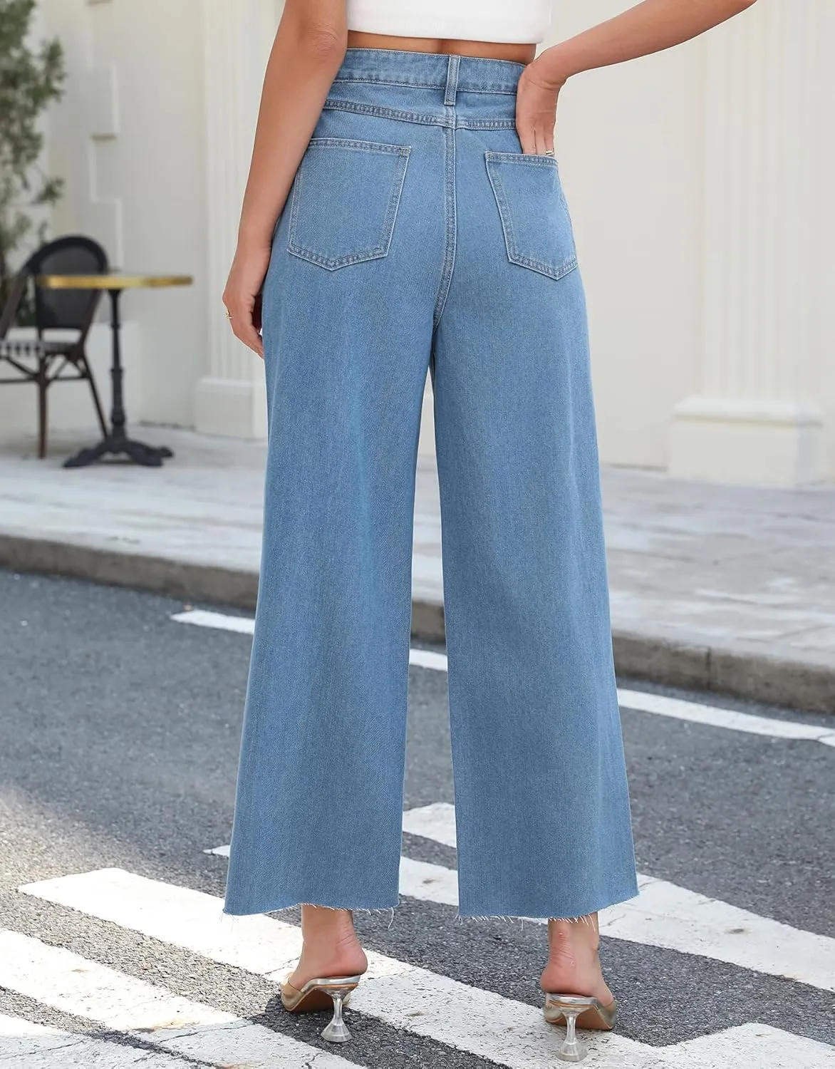 Kedera Womens High Waisted Pearl Jeans Casual Embellished Jeans Crossover Straight Leg Denim Pants with Raw Hem