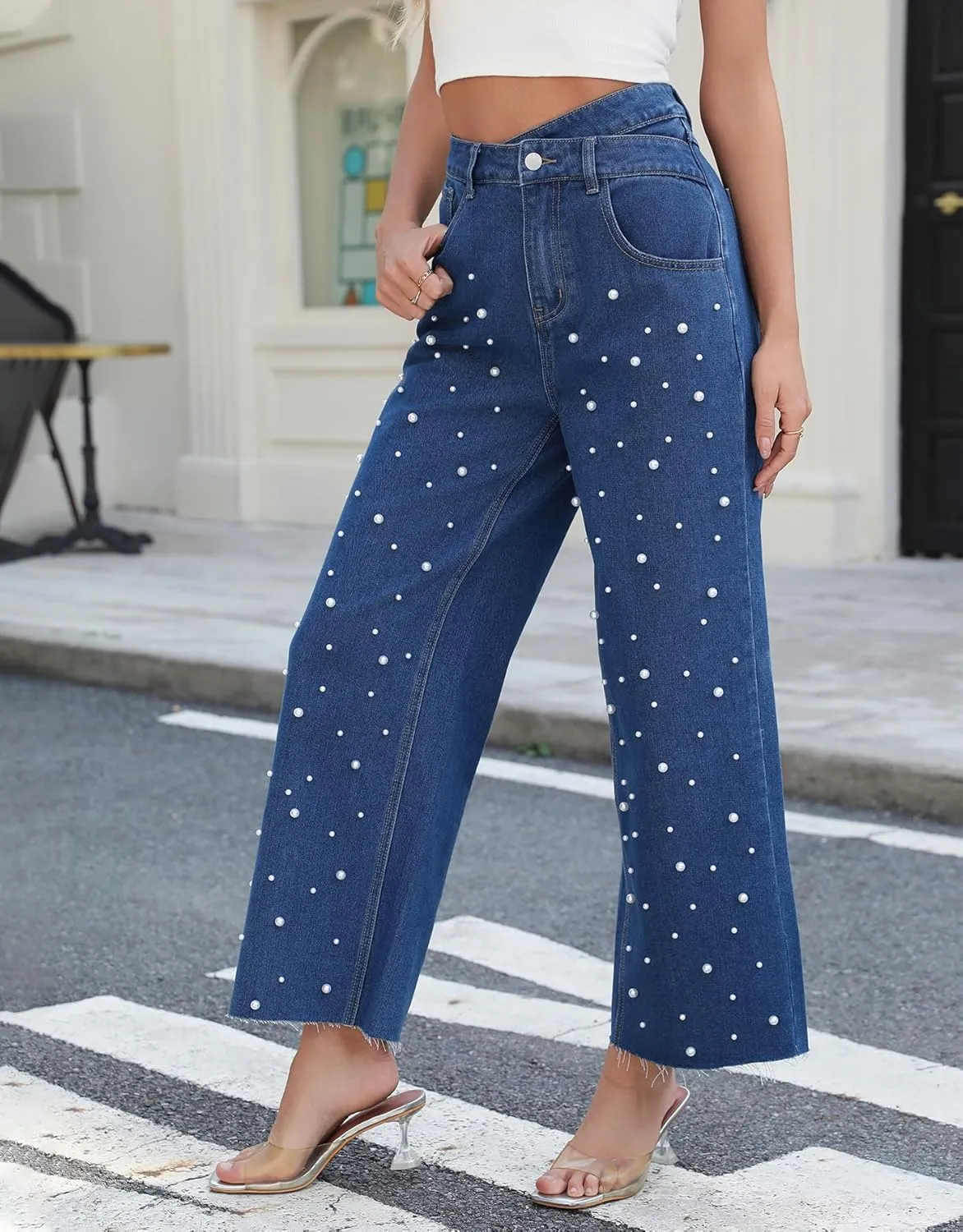 Kedera Womens High Waisted Pearl Jeans Casual Embellished Jeans Crossover Straight Leg Denim Pants with Raw Hem