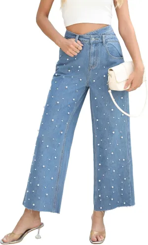 Kedera Womens High Waisted Pearl Jeans Casual Embellished Jeans Crossover Straight Leg Denim Pants with Raw Hem