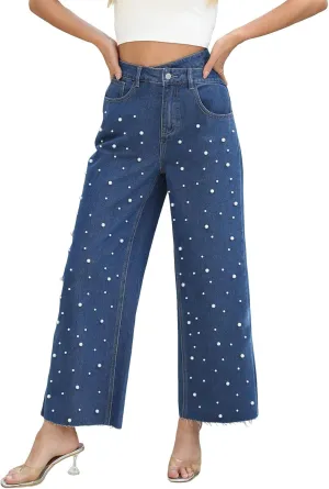 Kedera Womens High Waisted Pearl Jeans Casual Embellished Jeans Crossover Straight Leg Denim Pants with Raw Hem