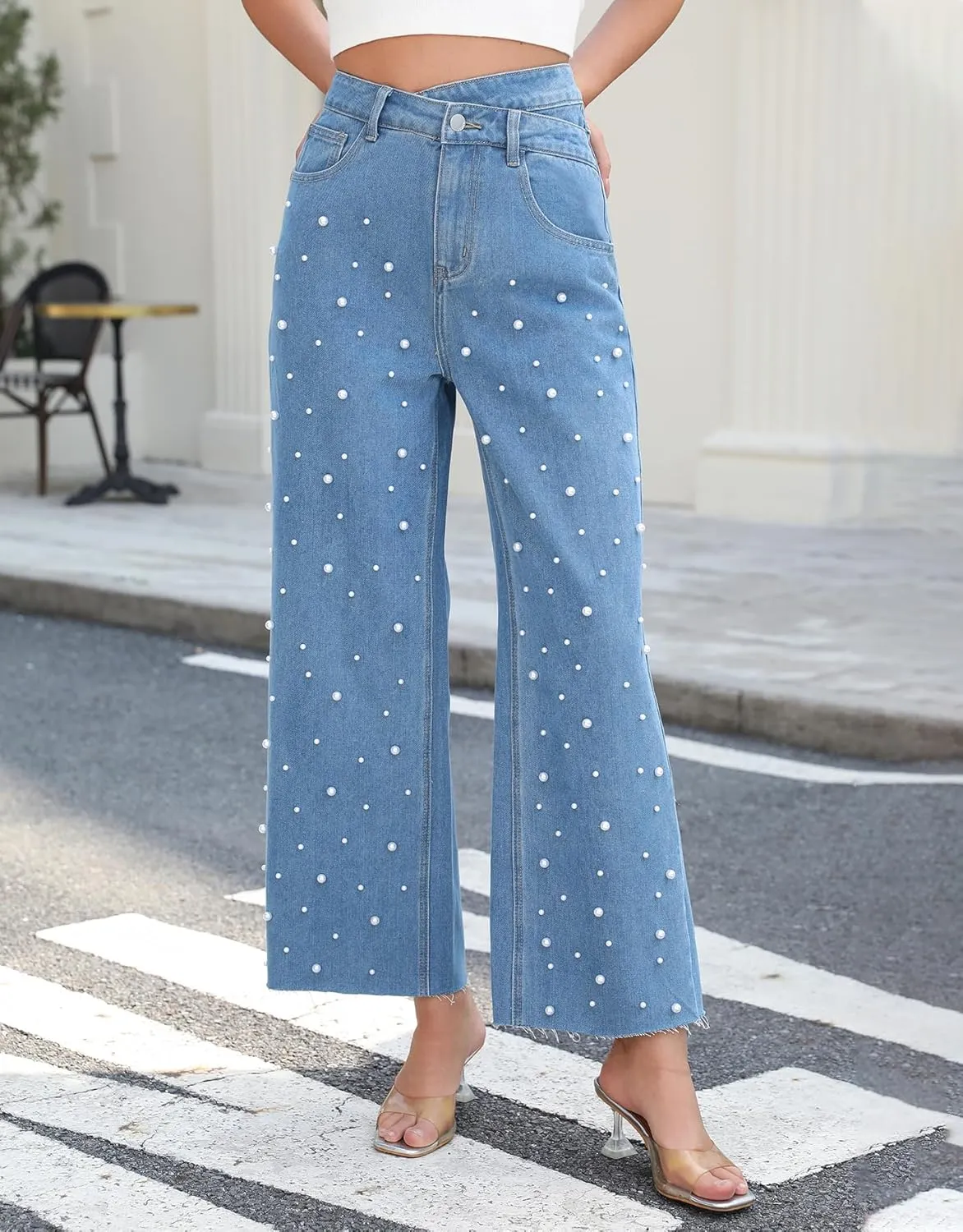 Kedera Womens High Waisted Pearl Jeans Casual Embellished Jeans Crossover Straight Leg Denim Pants with Raw Hem