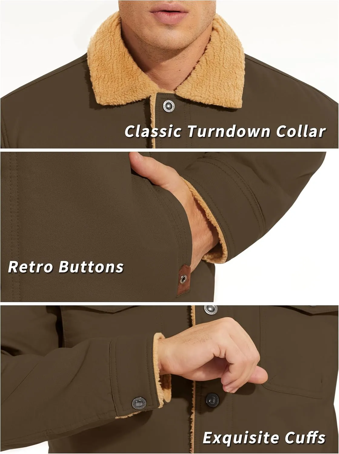 KEFITEVD Men's Winter Fleece Jacket Sherpa Lined Cargo Jackets Casual Trucker Coat Work Winter Thick Warm Coat