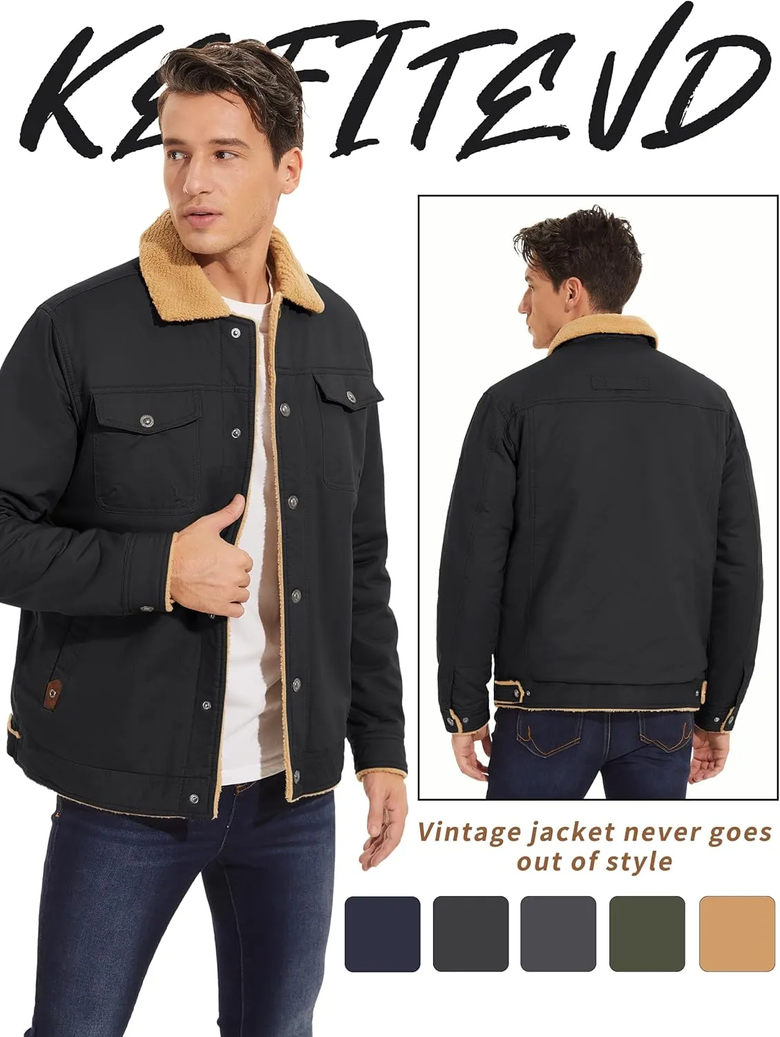 KEFITEVD Men's Winter Fleece Jacket Sherpa Lined Cargo Jackets Casual Trucker Coat Work Winter Thick Warm Coat