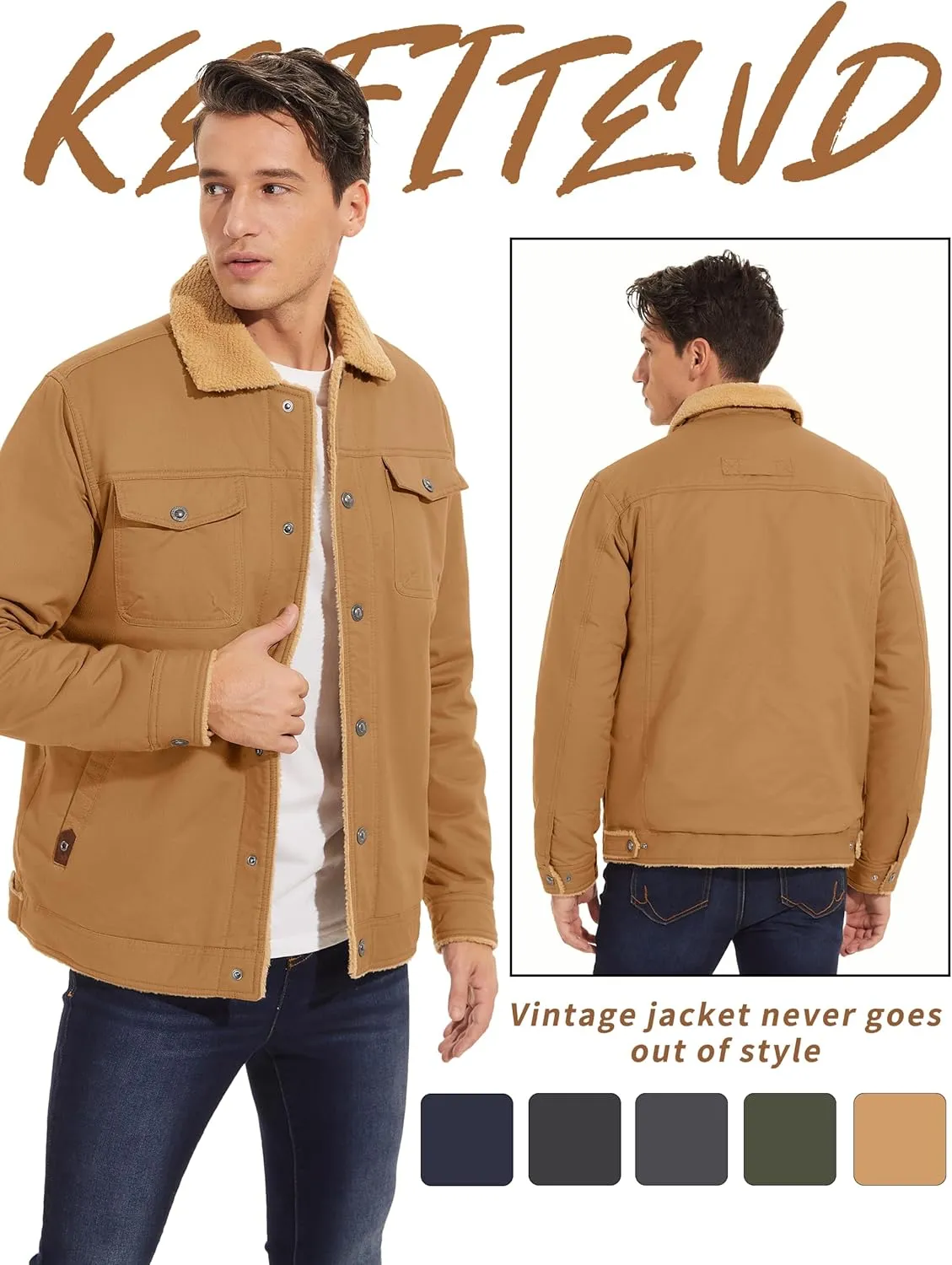 KEFITEVD Men's Winter Fleece Jacket Sherpa Lined Cargo Jackets Casual Trucker Coat Work Winter Thick Warm Coat