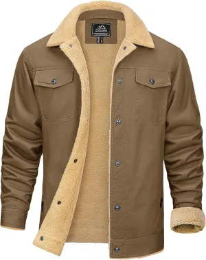 KEFITEVD Men's Winter Fleece Jacket Sherpa Lined Cargo Jackets Casual Trucker Coat Work Winter Thick Warm Coat