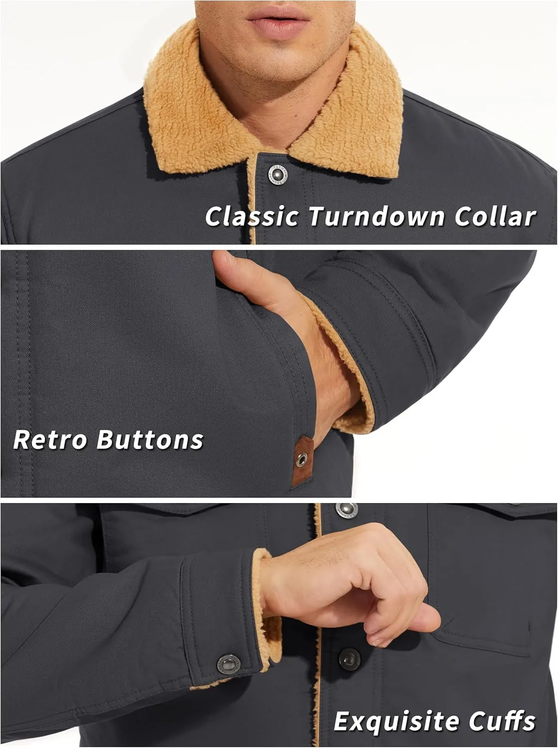 KEFITEVD Men's Winter Fleece Jacket Sherpa Lined Cargo Jackets Casual Trucker Coat Work Winter Thick Warm Coat