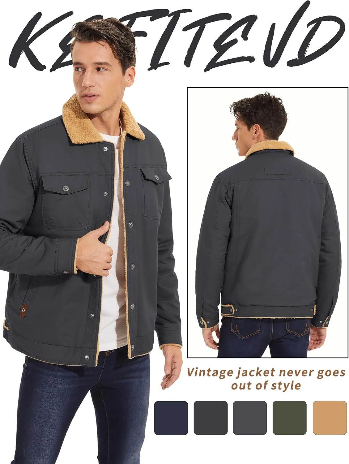 KEFITEVD Men's Winter Fleece Jacket Sherpa Lined Cargo Jackets Casual Trucker Coat Work Winter Thick Warm Coat