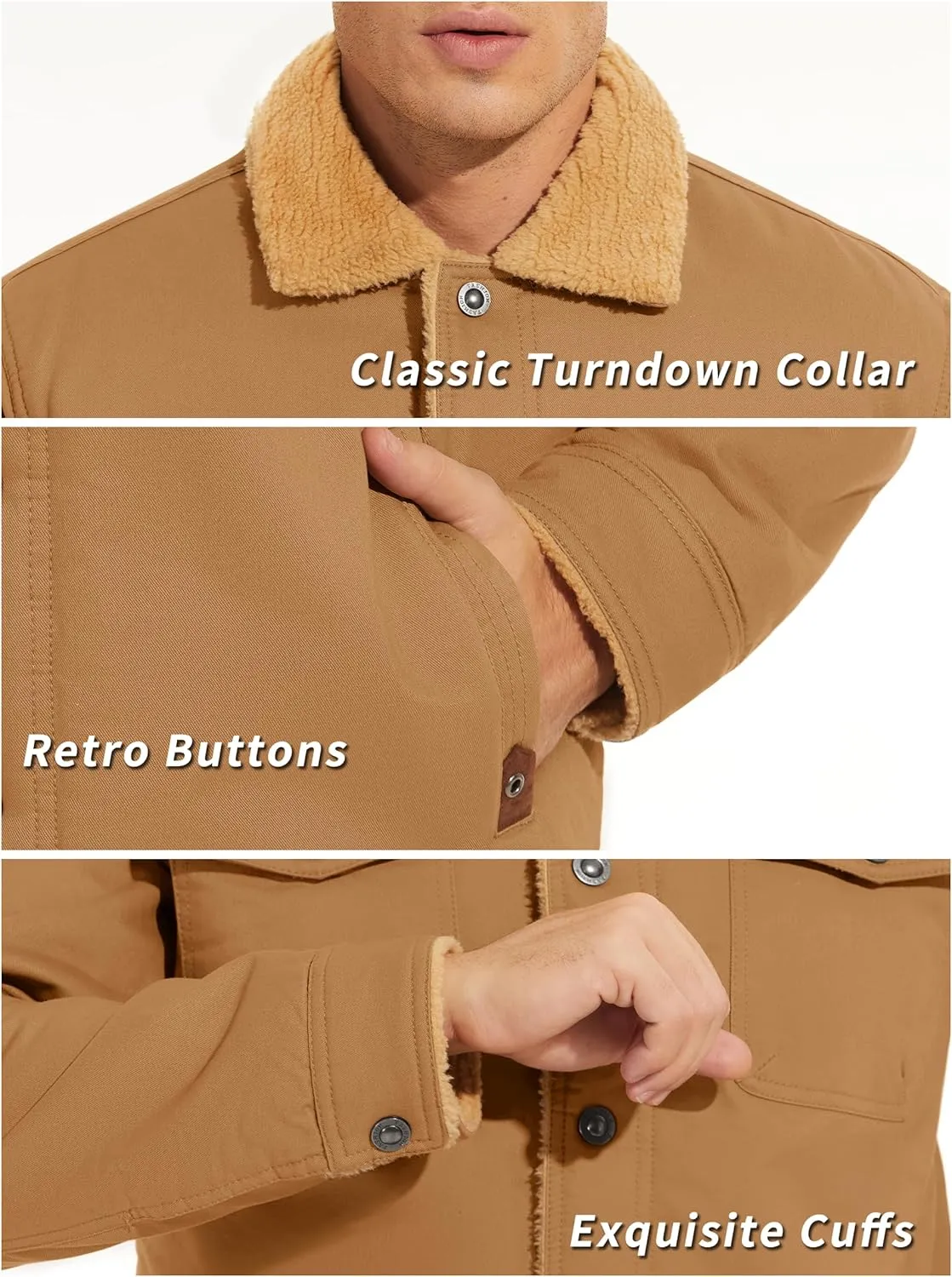 KEFITEVD Men's Winter Fleece Jacket Sherpa Lined Cargo Jackets Casual Trucker Coat Work Winter Thick Warm Coat