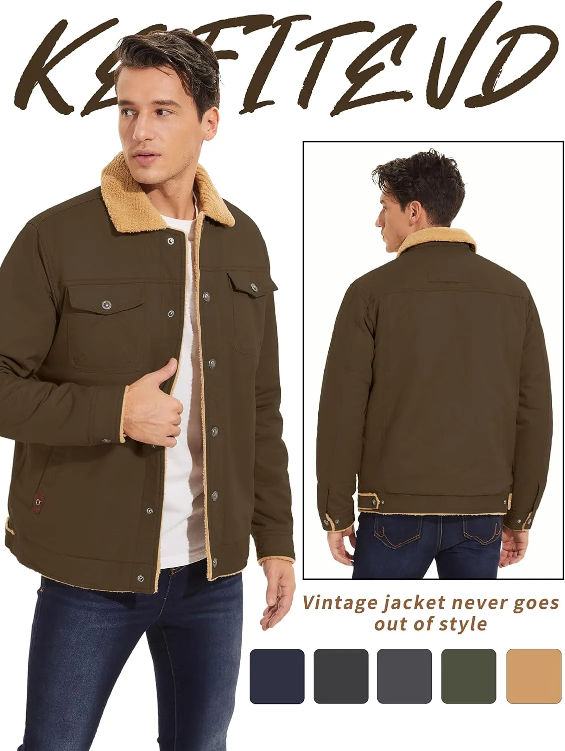 KEFITEVD Men's Winter Fleece Jacket Sherpa Lined Cargo Jackets Casual Trucker Coat Work Winter Thick Warm Coat
