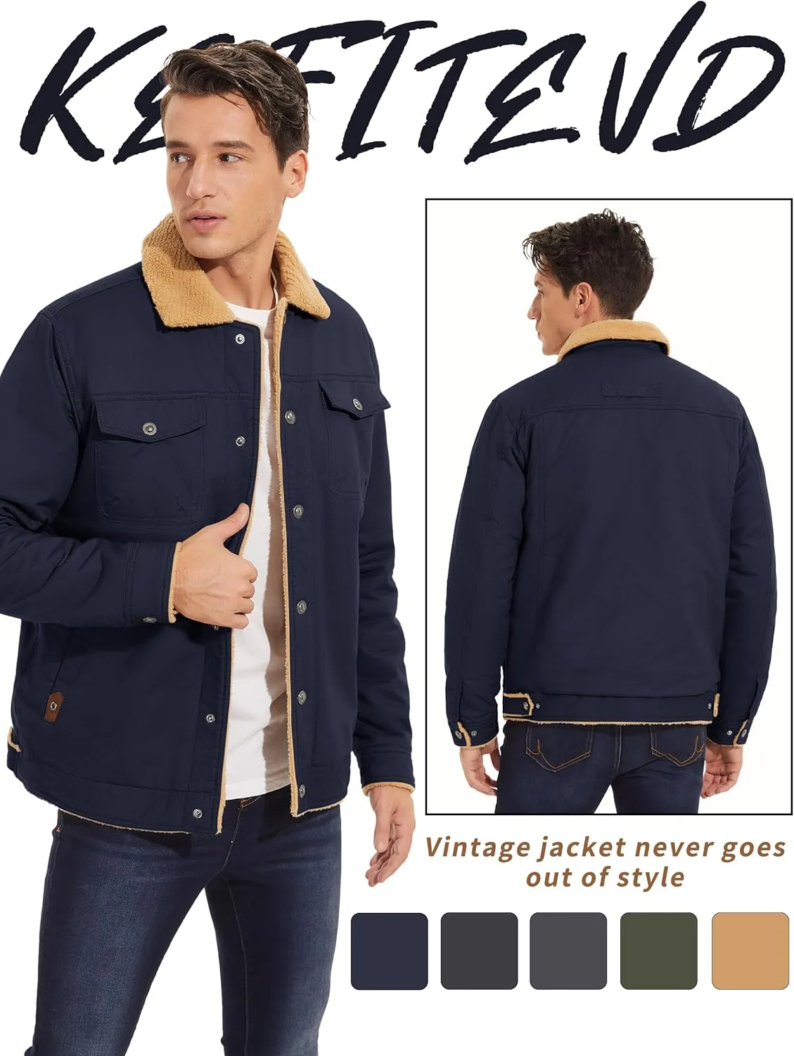 KEFITEVD Men's Winter Fleece Jacket Sherpa Lined Cargo Jackets Casual Trucker Coat Work Winter Thick Warm Coat