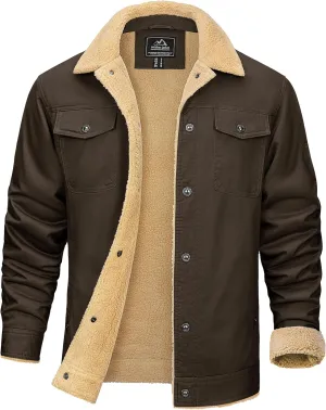 KEFITEVD Men's Winter Fleece Jacket Sherpa Lined Cargo Jackets Casual Trucker Coat Work Winter Thick Warm Coat
