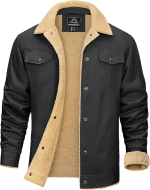 KEFITEVD Men's Winter Fleece Jacket Sherpa Lined Cargo Jackets Casual Trucker Coat Work Winter Thick Warm Coat