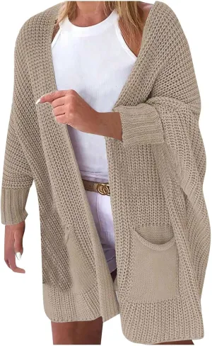 Knit Crochet Sweater Cardigan for Women Open Front Solid Long Sleeve Outwear with Pockets 2024 Winter