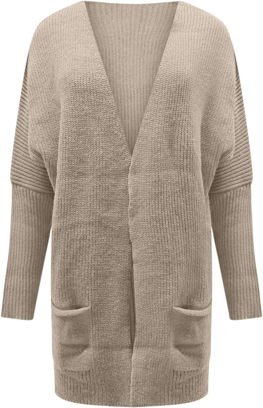 Knit Crochet Sweater Cardigan for Women Open Front Solid Long Sleeve Outwear with Pockets 2024 Winter